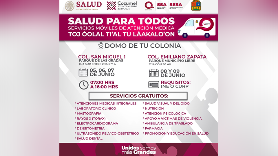 Llegarán a Cozumel las unidades móviles con servicios de salud gratuitos